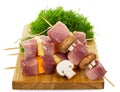 Cutting board, slices of raw pork, vegetables and mushrooms on w Royalty Free Stock Photo