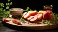 a cutting board topped with sliced apples next to a bowl of oatmeal. generative ai