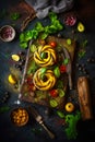 Cutting board topped with sliced vegetables and knife next to bowl of beans. Generative AI Royalty Free Stock Photo