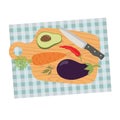 Cutting board and vegetables Cooking card poster with carrot, eggplant, avocado, pepper, dill and knife.