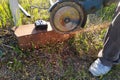 Cutting bricks with an angle grinder, construction work, the process of execution close-up