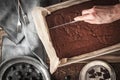 Cutting chocolate brownie horizontal