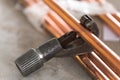 Cutting copper pipe air conditioner Royalty Free Stock Photo