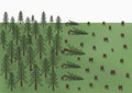 Cutting down of a pine forest landscape, big trees and a lot of stumps, vector horizontal