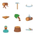 Cutting down trees icons set, cartoon style