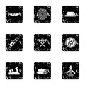 Cutting down trees icons set, grunge style