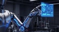 Cutting Edge AI Robot Hand Interacting with Futuristic Holographic Interface for Advanced Data Analysis and Smart Automation Royalty Free Stock Photo