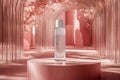A cutting-edge biotech beauty bar featuring holographic touch-screen options, with robotic precision blending AI