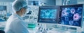 Cutting-Edge Biotechnology Lab with Digital Screens and Genetic Data Display