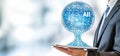 In a cutting-edge business atmosphere, a businessman touches an AI stock trading platform, programming and developing