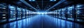 Cutting edge data center with advanced server racks emitting captivating soft blue glow