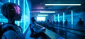 Futuristic Classroom with AI Robots Learning in a High-Tech Environment