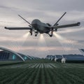 Sunset Sentinel: Futuristic Fighter Drone Overseeing Sustainable Smart Fields.