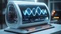Futuristic DNA testing machine with a prominent blue glowing sine wave on its screen. Royalty Free Stock Photo