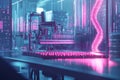 Futuristic laboratory with robotic arm and glowing pink digital elements for genome sequencing. Royalty Free Stock Photo