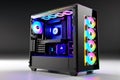 Cutting-Edge High-End PC: RGB Lighting, Neatly Managed Cables in a Tempered Glass Case, Liquid Cooling Elegance Royalty Free Stock Photo