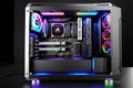 Cutting-Edge High-End PC: RGB Lighting, Neatly Managed Cables in a Tempered Glass Case, Liquid Cooling Elegance Royalty Free Stock Photo