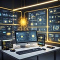 High-Tech Interface with Futuristic Display and Multiple Monitors Royalty Free Stock Photo