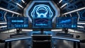 Neon-Lit Digital Command Center: Where Data Meets Futuristic Design Royalty Free Stock Photo
