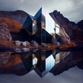 A cutting-edge, invisible mirror house in the mountains by a lake. Architecture Royalty Free Stock Photo