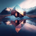 A cutting-edge, invisible mirror house in the mountains by a lake. Architecture Royalty Free Stock Photo