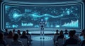 Futuristic robot presenting data on a large interactive holographic screen to an audience Royalty Free Stock Photo