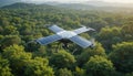 solar-powered drone hovering above a lush forest, conducting environmental research from the air. Royalty Free Stock Photo