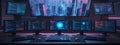 Neon Tech Nexus: Futuristic Multi-Screen Workstation for Digital Innovators Royalty Free Stock Photo
