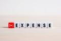 Cutting expenses and costs. Expense reduction and financial stability. Scissors icon and the word expense on cubes