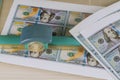 Cutting fake dollars cutter banknotes, fake money currency counterfeiting