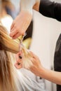 Cutting female blonde hair. Hairdresser cuts hair of a young caucasian woman in a beauty salon close up. Royalty Free Stock Photo