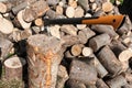 Cutting firewood with an ax. Royalty Free Stock Photo