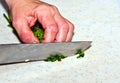 Cutting food with knife in the kitchen