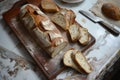 cutting fresh bread on an antique cutting board