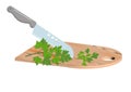 Cutting fresh green parsley with a knife on a salad board. Kitchen utensils.