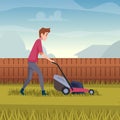 Cutting grass. Man working lawn mower cartoon background Royalty Free Stock Photo