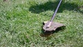 Cutting green grass with whipper snipper. Hand held grass trimmer mowing lawn. Grass shreds flying around in slow-mo