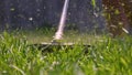 Cutting green grass with whipper snipper. Hand held grass trimmer mowing lawn. Grass shreds flying around in slow-mo