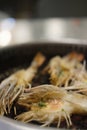 Cutting half grilled giant river prawn on stove Royalty Free Stock Photo