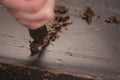 Cutting industrial block of dark chocolate with knife