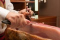 Cutting Jamon Serrano - traditional spanish ham Royalty Free Stock Photo