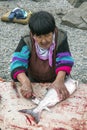 Cutting of just catched salmon on the bank of Anadyr firth, Chukotka Royalty Free Stock Photo