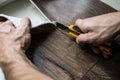 Cutting of linoleum and floor coverings Royalty Free Stock Photo