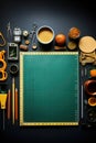 Cutting mat and many tools and supplies around it. View from above. Copy space Royalty Free Stock Photo