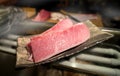 Cutting of otoro from blue fin tuna for sashimi. Royalty Free Stock Photo