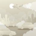 Cutting paper, polluting city environment, exhaust gases from transport car, plane flat vector illustration. Background