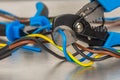 Cutting pliers and electrical cable, electric workshop tool Royalty Free Stock Photo