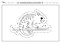 Cutting practice for kids. Black and white worksheet. Cut out cartoon chameleon.