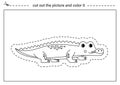 Cutting practice for kids. Black and white worksheet. Cut out cartoon crocodile. Royalty Free Stock Photo