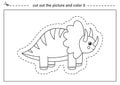 Cutting practice for kids. Black and white worksheet. Cut out and glue cute dinosaur